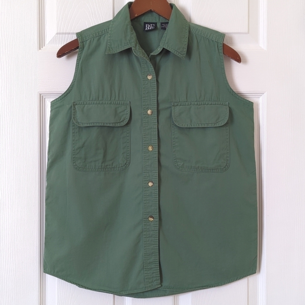 Basic Editions 90's Vintage Classic Sleeveless Button Down Tank Top Sage Green S